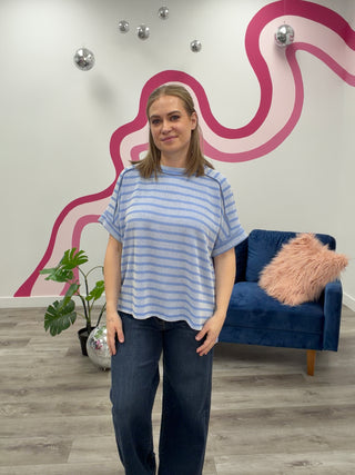 *NEW* Carrina Striped Ribbed Short Sleeve Top | Cornflower Blue