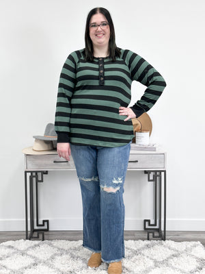 Pugsley Stripe Button Down Top | Forest Green