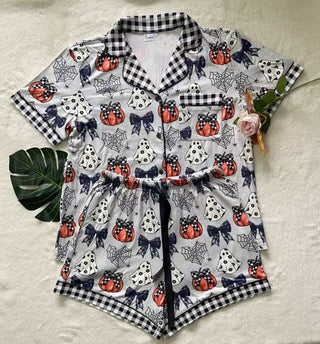 PREORDER Shirley Pajama Set | Button Down & Shorts | Pumpkin Bow - shipping mid September