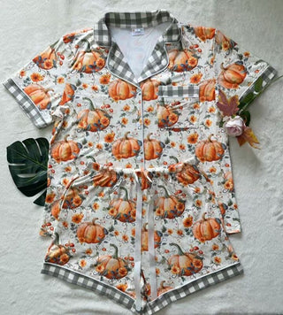 PREORDER Shirley Pajama Set | Button Down & Shorts | Pumpkin Plaid - shipping mid September
