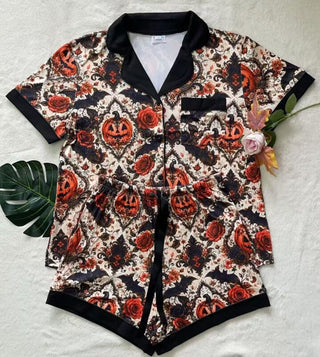 PREORDER Shirley Pajama Set | Button Down & Shorts | Gothic Pumpkin - shipping mid September