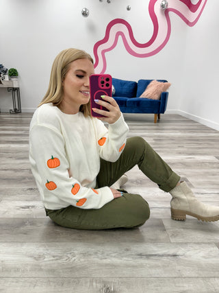 Hello Pumpkin Embroidered Sweater | Ivory