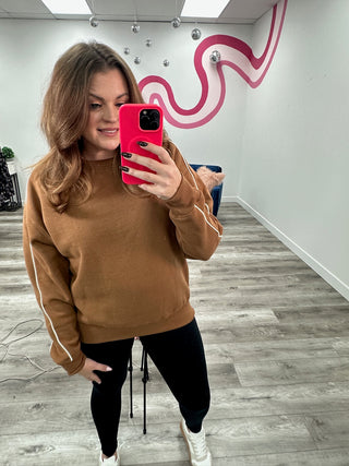 Monaco Side Stripe Fleece Crewneck | Brown & Ivory