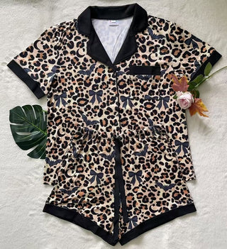 PREORDER Shirley Pajama Set | Button Down & Shorts | Leopard Bat - shipping mid September