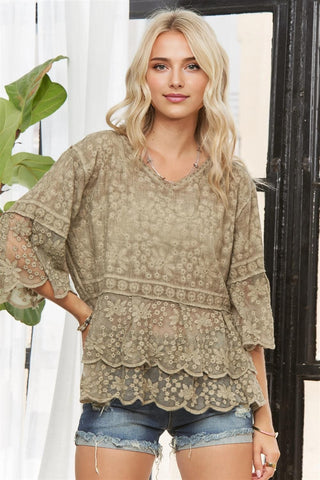 Carly Bell Sleeve Lace Blouse | Olive
