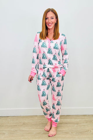 PREORDER Shirley Matching Set | Long Sleeve & Joggers | Pink Christmas Trees - shipping early November
