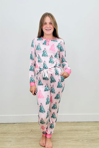PREORDER Shirley Matching Set | KIDS | Pink Christmas Trees - shipping early November