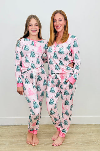 PREORDER Shirley Matching Set | Long Sleeve & Joggers | Pink Christmas Trees - shipping early November