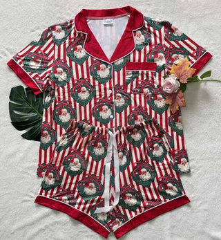 PREORDER Shirley Pajama Set | Button Down & SHORTS | Santa Stripe - shipping early November