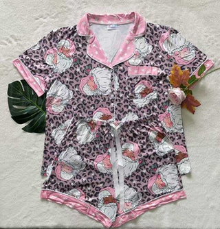 PREORDER Shirley Pajama Set | Button Down & SHORTS | Leopard Santa - shipping early November