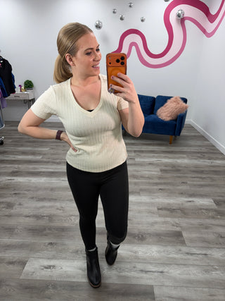 *BOXING DAY* Christa Ribbed Short Sleeve V Neck Top | Sand Beige