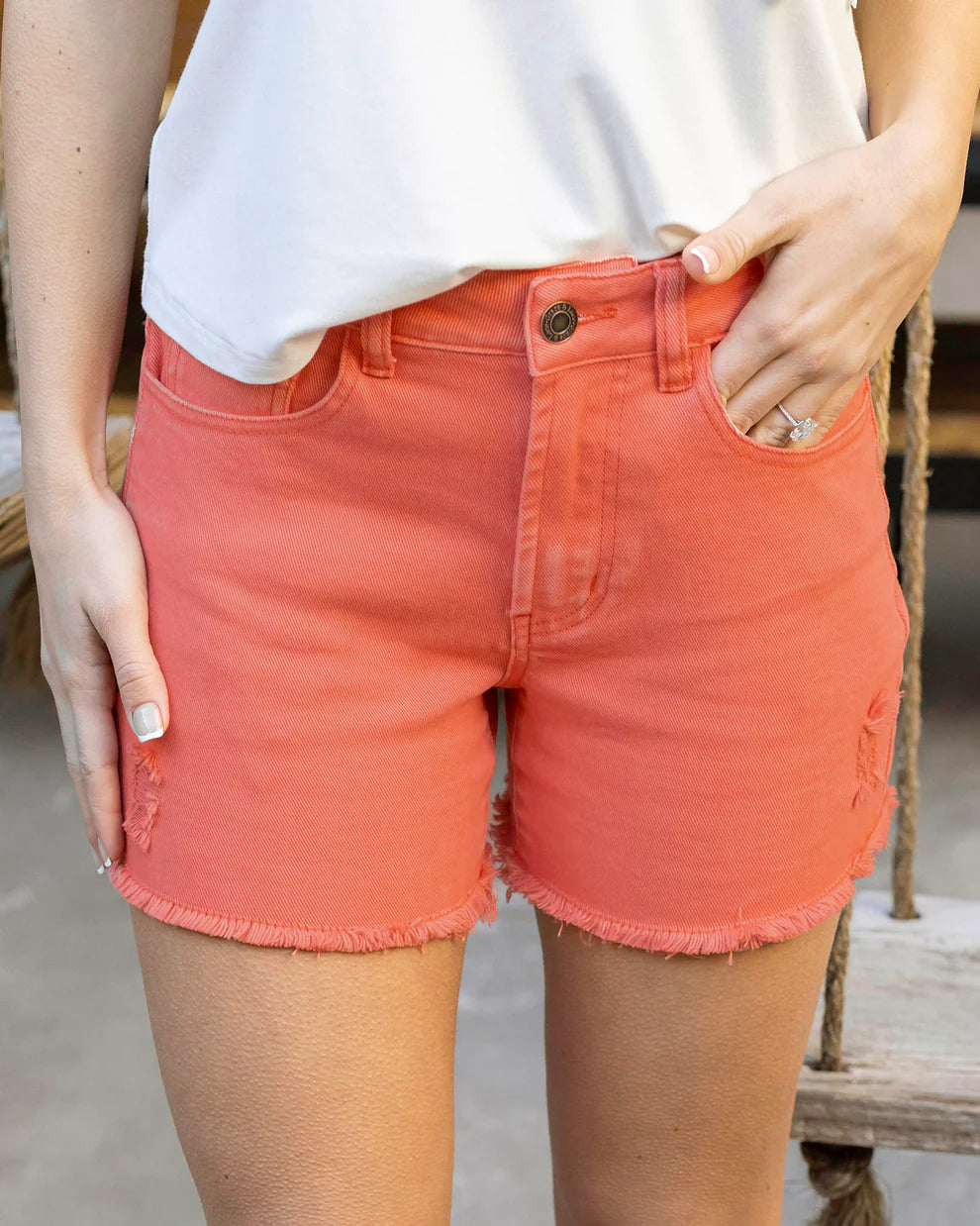 PRELAUNCH Grace & Lace | Casual Colored Denim Shorts | Hot Coral