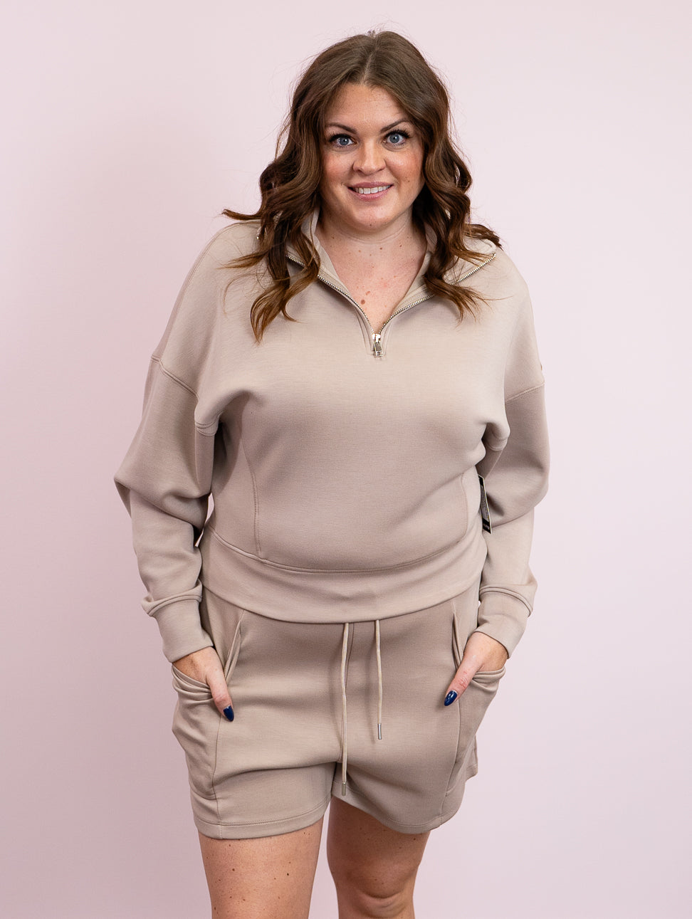 RD Style | Mailyn Soft Scuba Long Sleeve Half Zip Pullover | Taupe