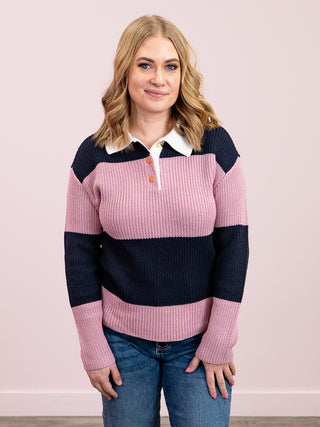 *NEW* RD Style | Mae Long Sleeve Polo Pullover | Pink Storm