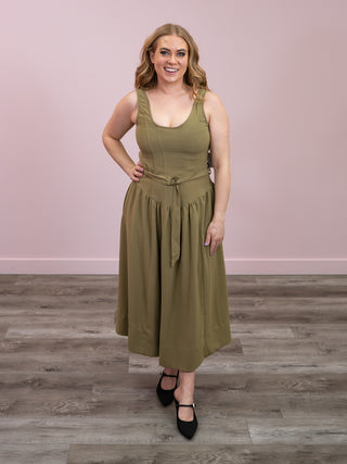 *NEW* DEX | Wrenlee Belted Drop Waist Midi Dress | Dusty Sage Wash