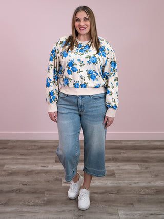 Roses Pullover Top | Oatmeal & Blue