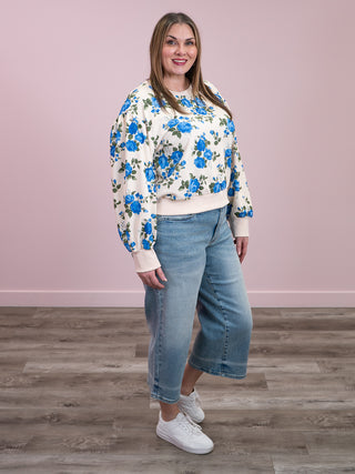 Roses Pullover Top | Oatmeal & Blue