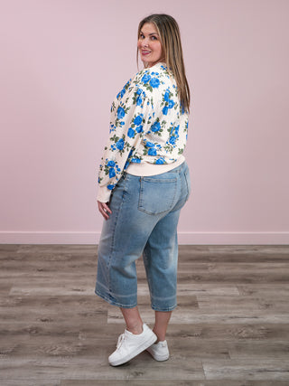 Roses Pullover Top | Oatmeal & Blue