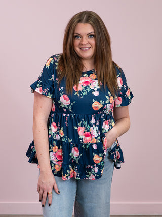 Sunny Blossom Short Sleeve Babydoll Floral Top | Navy