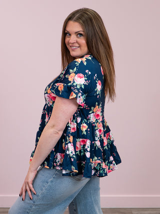 Sunny Blossom Short Sleeve Babydoll Floral Top | Navy