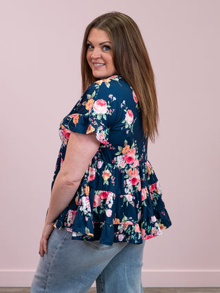 Sunny Blossom Short Sleeve Babydoll Floral Top | Navy