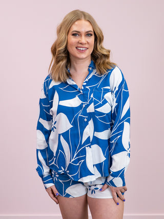 Room 34 | Marcy Button Front Linen Shirt | Azure Floral