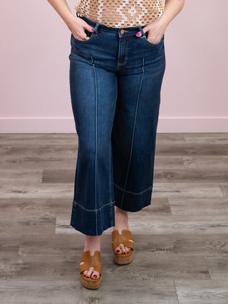 Risen | Tummy Control Mid Rise Crop Wide Jeans | DEEP BLUE | Aries