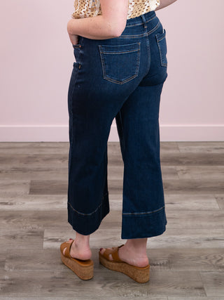Risen | Tummy Control Mid Rise Crop Wide Jeans | DEEP BLUE | Aries