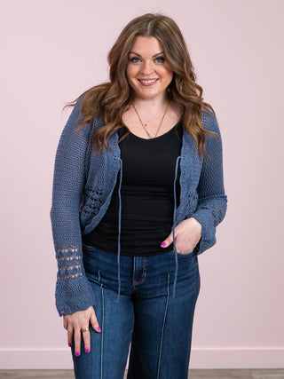 Room 34 | Ingrid Tie Front Crochet Cardigan | Indigo