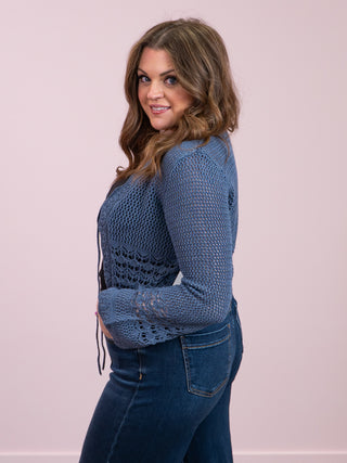Room 34 | Ingrid Tie Front Crochet Cardigan | Indigo