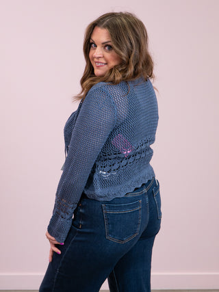 Room 34 | Ingrid Tie Front Crochet Cardigan | Indigo