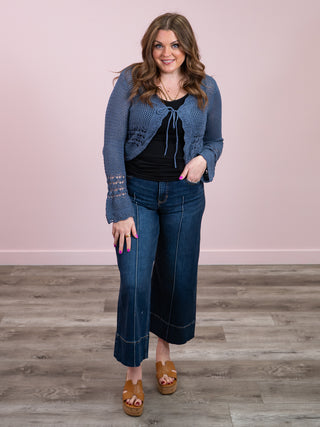 Room 34 | Ingrid Tie Front Crochet Cardigan | Indigo