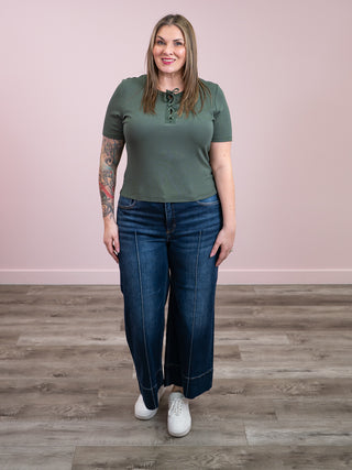 Risen | Tummy Control Mid Rise Crop Wide Jeans | DEEP BLUE | Aries