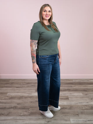 Risen | Tummy Control Mid Rise Crop Wide Jeans | DEEP BLUE | Aries