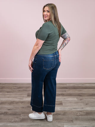 Risen | Tummy Control Mid Rise Crop Wide Jeans | DEEP BLUE | Aries