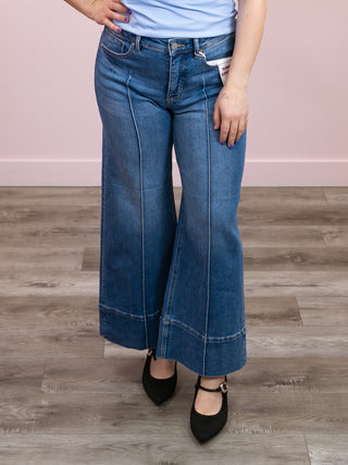 Risen | Tummy Control Mid Rise Crop Wide Jeans | Medium Wash | Aries
