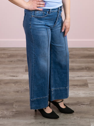 Risen | Tummy Control Mid Rise Crop Wide Jeans | Medium Wash | Aries