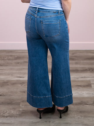 Risen | Tummy Control Mid Rise Crop Wide Jeans | Medium Wash | Aries