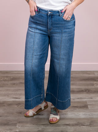 Risen | Tummy Control Mid Rise Crop Wide Jeans | Medium Wash | Aries