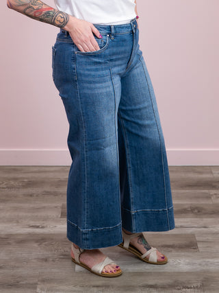 Risen | Tummy Control Mid Rise Crop Wide Jeans | Medium Wash | Aries