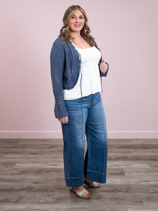 Room 34 | Ingrid Tie Front Crochet Cardigan | Indigo