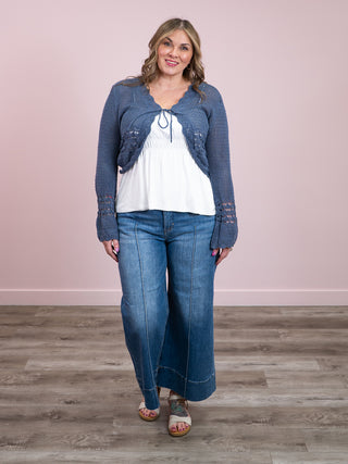 Room 34 | Ingrid Tie Front Crochet Cardigan | Indigo