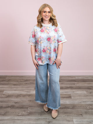 *NEW* Rosy Riot Oversized Floral Knit Top | Light Blue