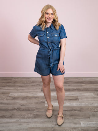 DEX | Peyton Belted Utility Romper | Medium Indigo