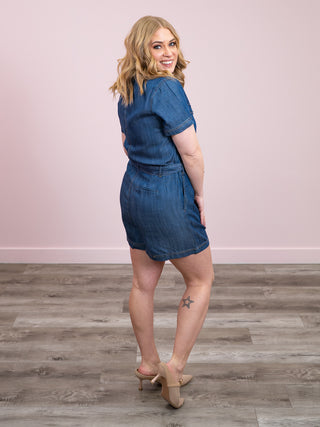 DEX | Peyton Belted Utility Romper | Medium Indigo
