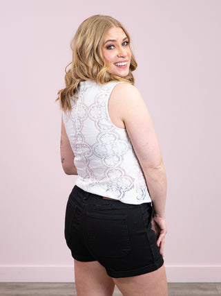 DEX | Vienna Lace Cutout Button Front Tank | White
