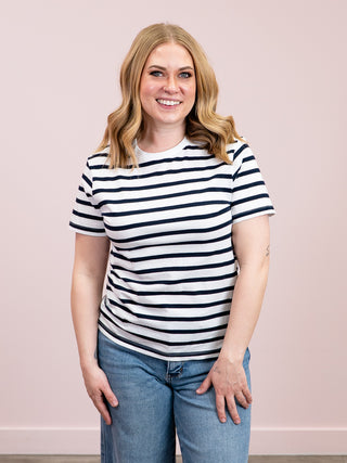 RD Style | Short Sleeve Crew Neck Stripe Top | Winter White Dark Storm
