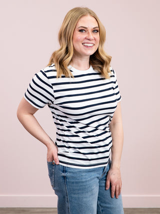 RD Style | Short Sleeve Crew Neck Stripe Top | Winter White Dark Storm