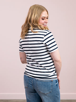 RD Style | Short Sleeve Crew Neck Stripe Top | Winter White Dark Storm