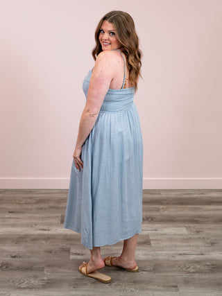 *NEW* DEX | Charity V Waist Maxi Dress | Light Denim Blue